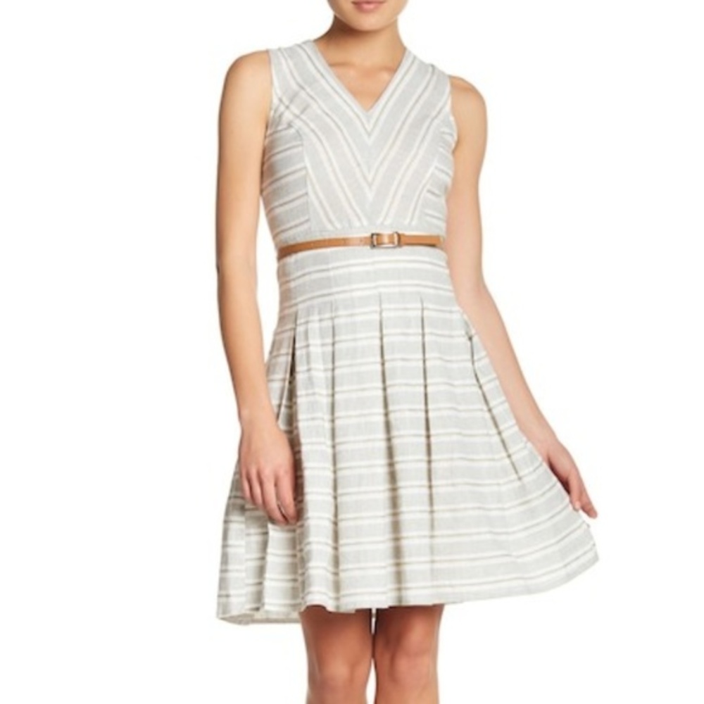 Sharagano Metallic Stripe Belted Fit & Flare Dress